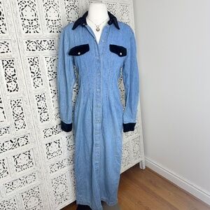 Vtg Scarlett Medium Wash Long Sleeve Button Up Dress With‎ Black Velour Details